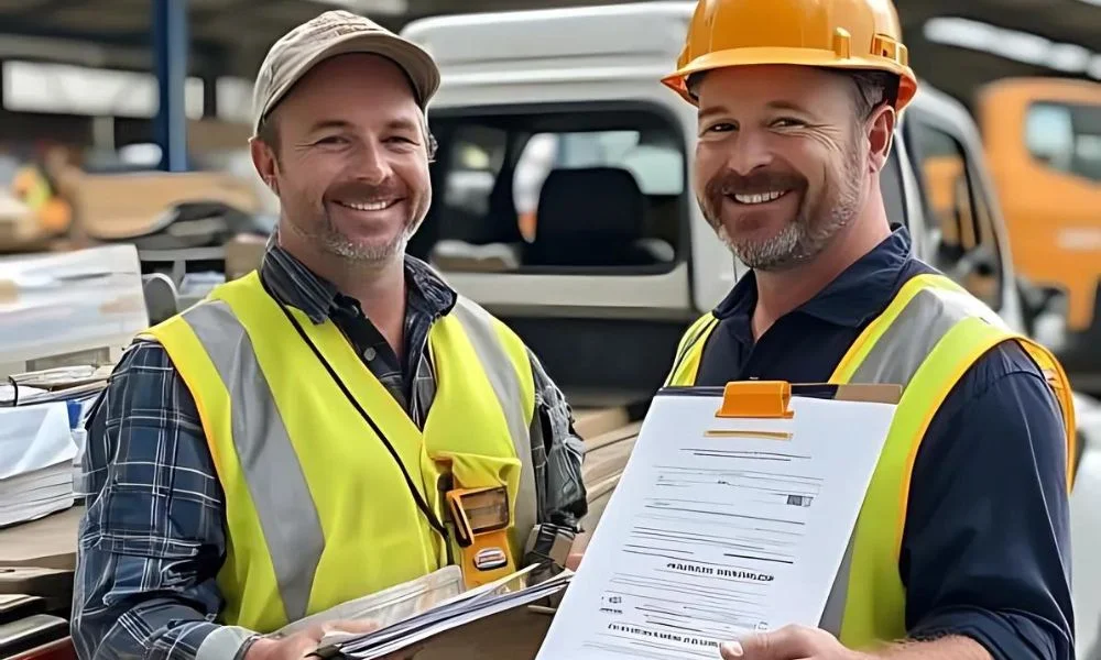 Two builder smiling while holding a contract