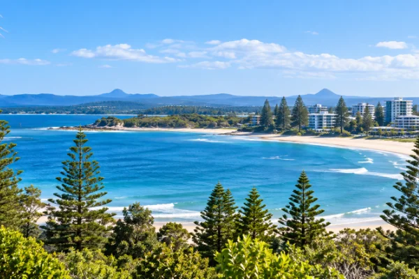 Caloundra coastline on the Sunshine Coast with blue ocean and sandy beaches.
