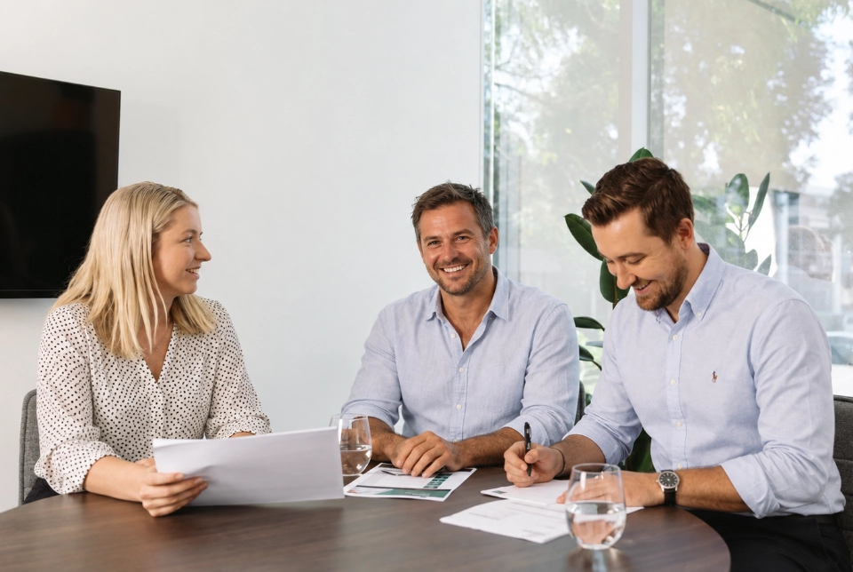 Three professionals meeting around a table in a bright modern office, reviewing documents in a friendly and professional discussion.